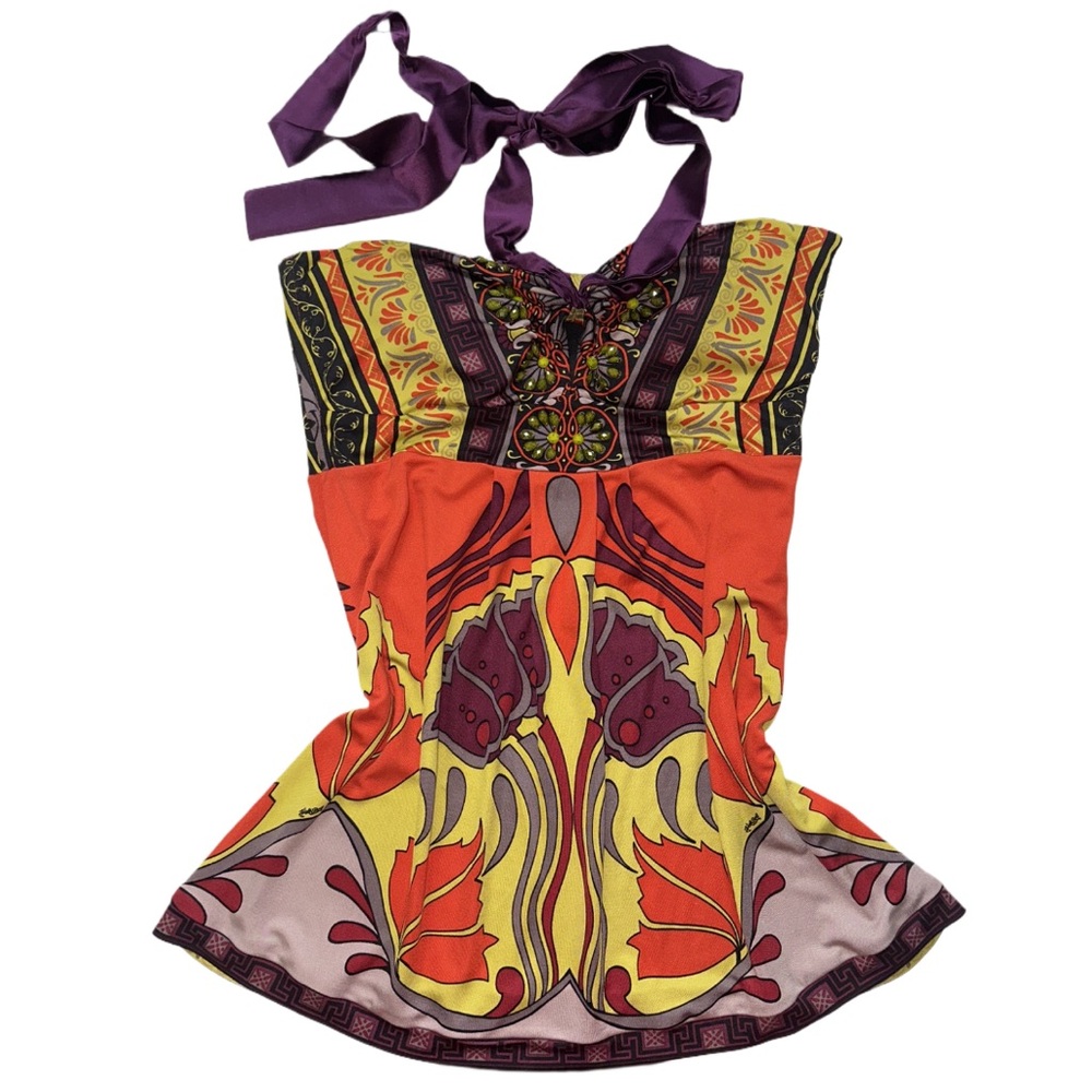 Y2K HALE BOB women's silk floral beaded strapless halter top, M.
